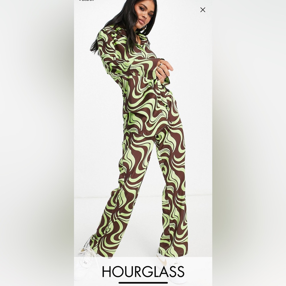 ASOS Design Hourglass satin flare pant set in mint and chocolate swirl